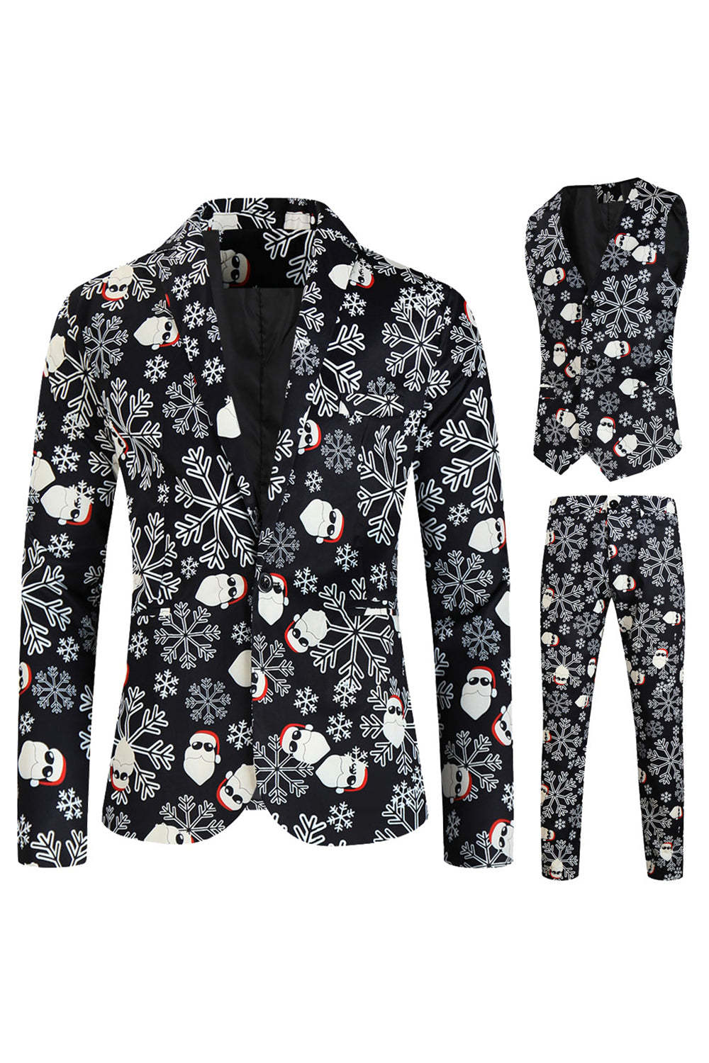 Leely Black Christmas Snowflake Printed 3 Pieces Men's Suits