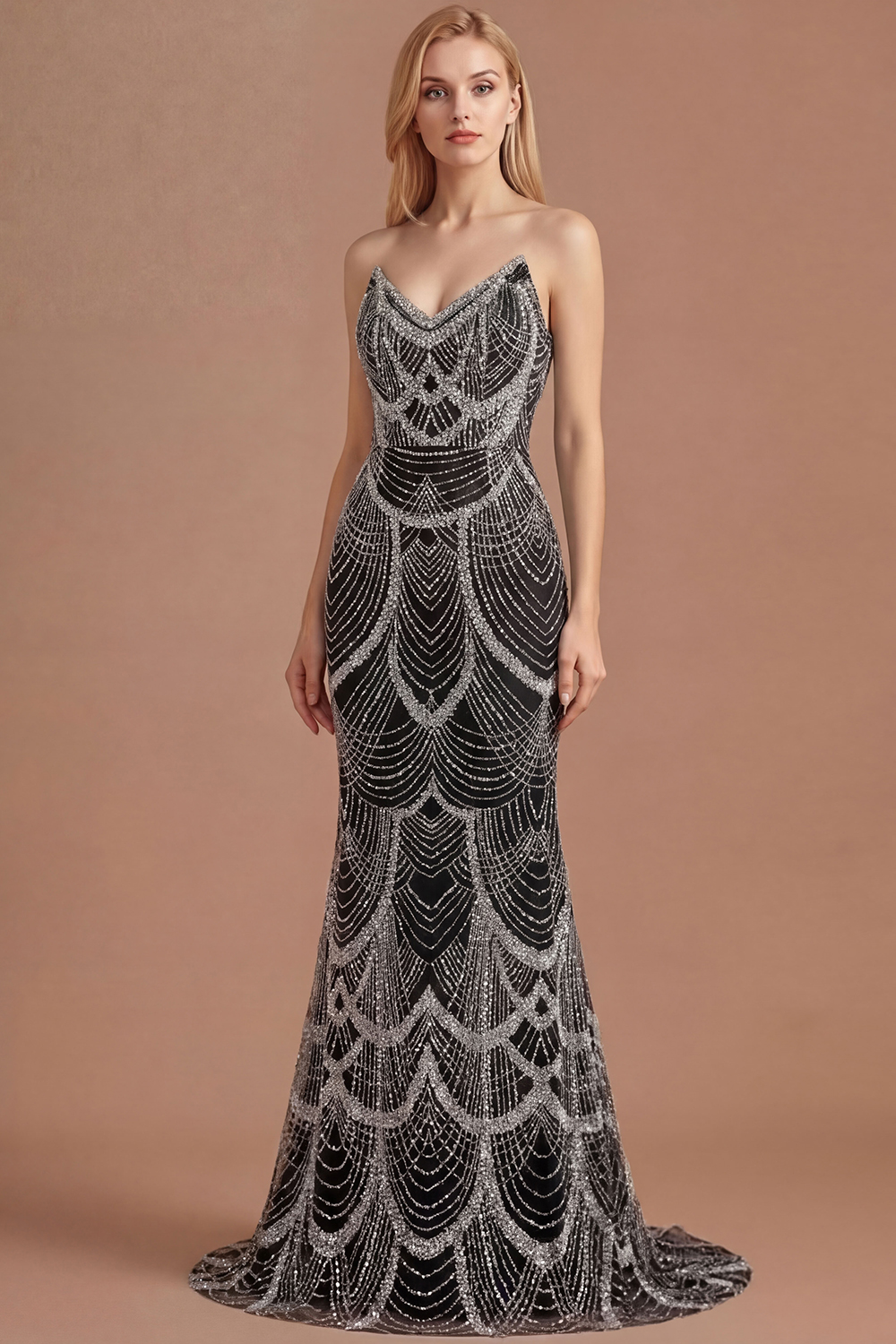 Luxury Black Strapless Beaded Mermaid Prom Dress