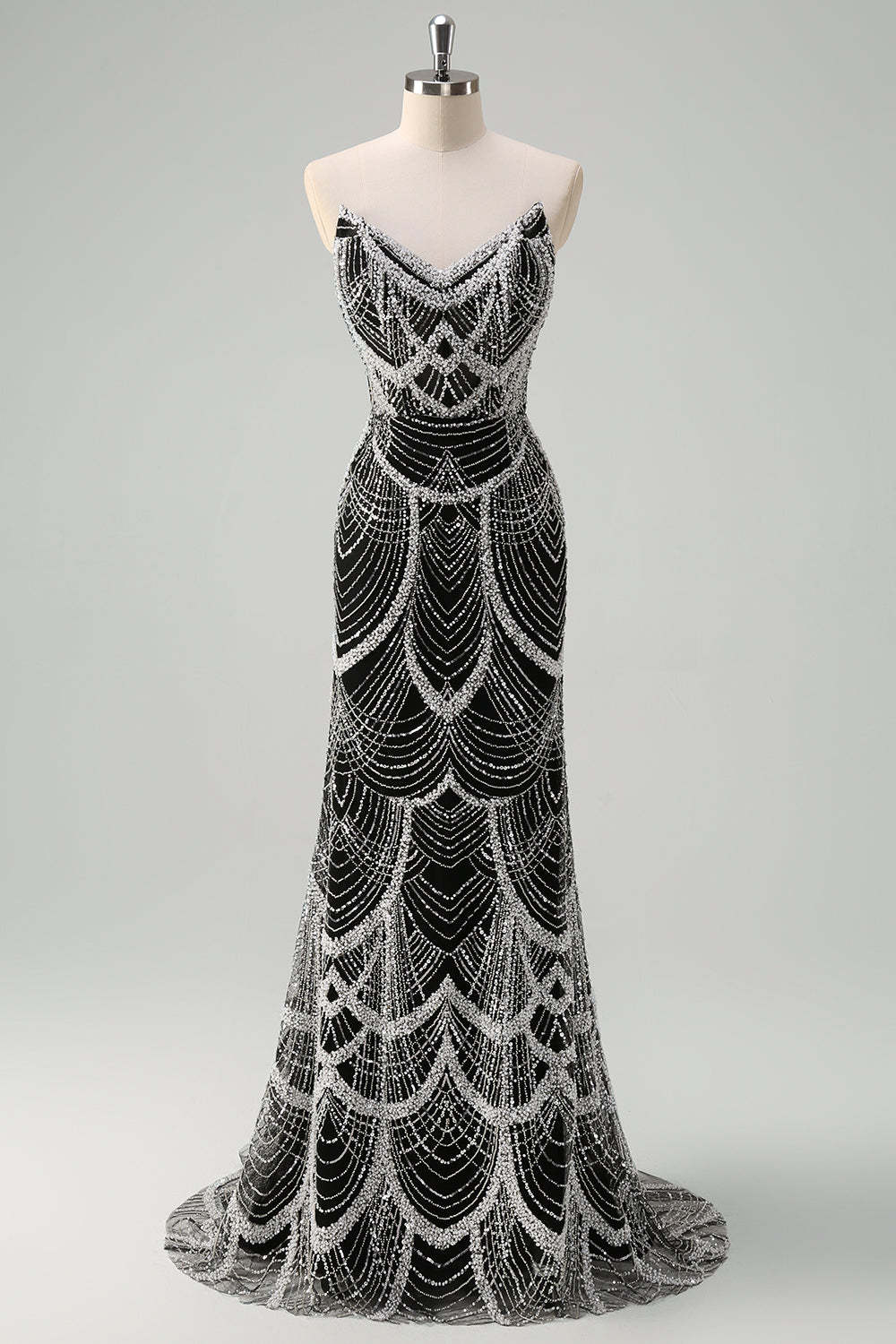 Leely Women Luxury Black Strapless Beaded Mermaid Prom Dress V-neck Floor Length Formal Dress