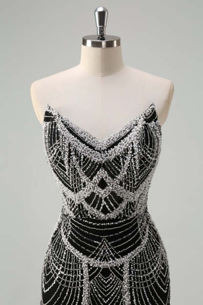 Luxury Black Strapless Beaded Mermaid Prom Dress