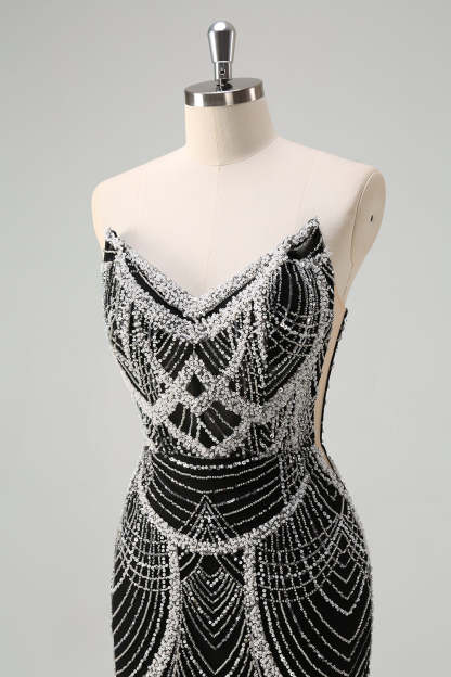 Luxury Black Strapless Beaded Mermaid Prom Dress