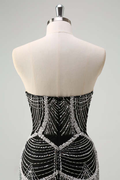 Luxury Black Strapless Beaded Mermaid Prom Dress