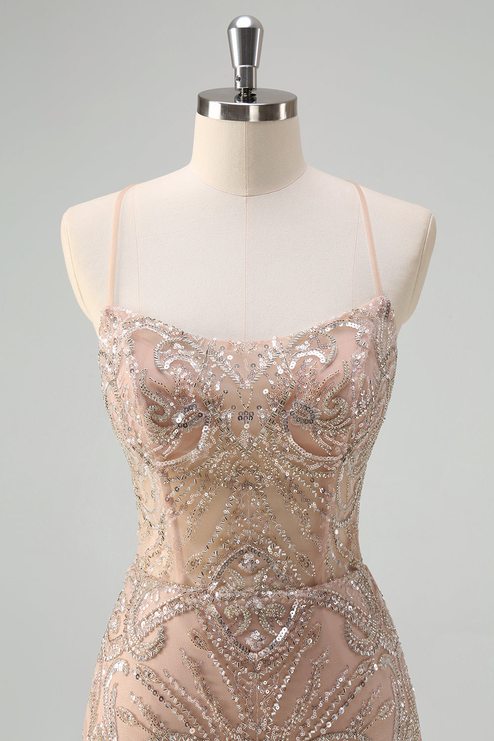 Champagne Spaghetti Straps Mermaid Prom Dress with Sequins
