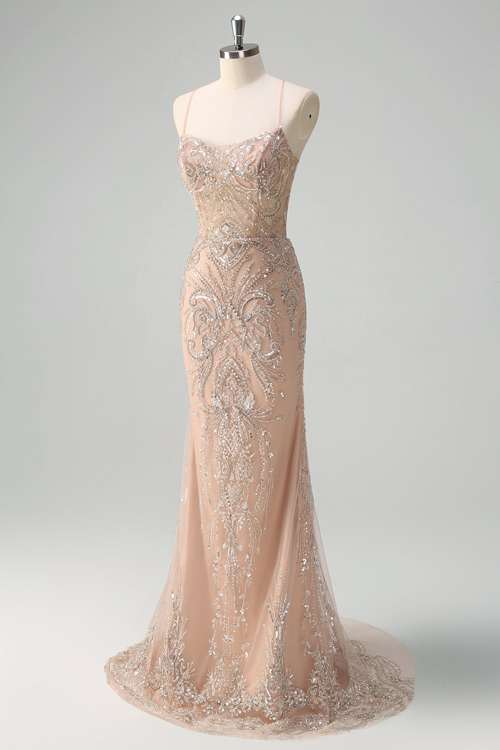 Champagne Spaghetti Straps Mermaid Prom Dress with Sequins