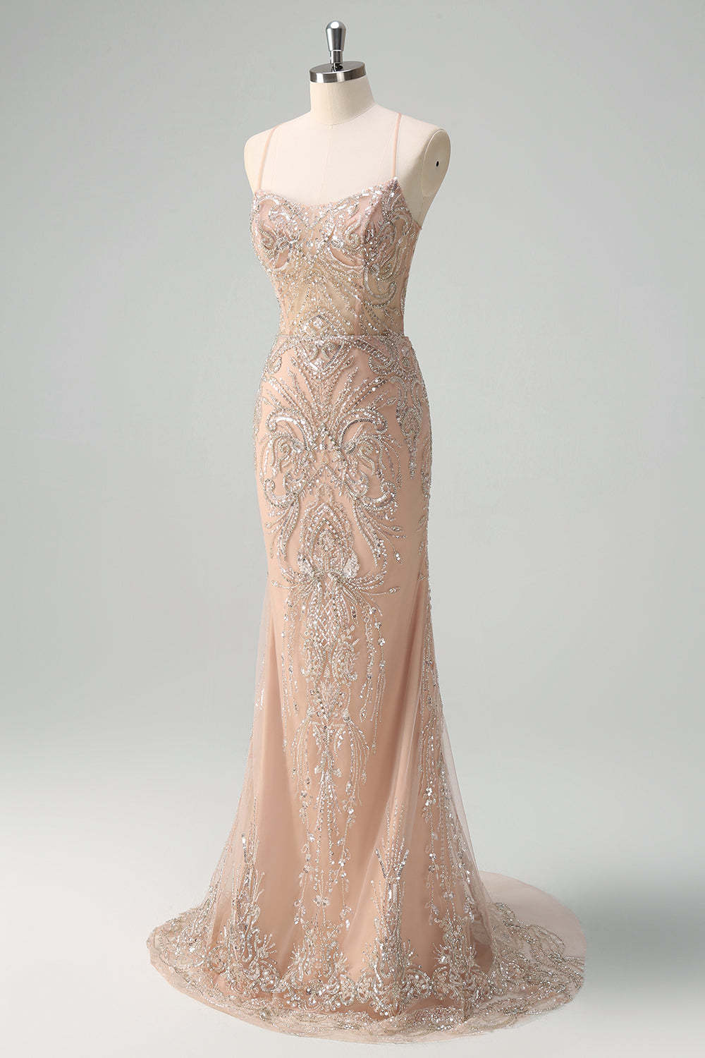 Champagne Spaghetti Straps Mermaid Prom Dress with Sequins