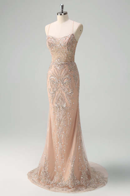Champagne Spaghetti Straps Mermaid Prom Dress with Sequins