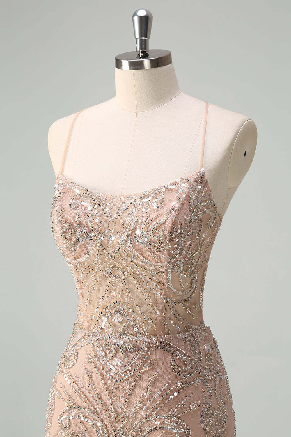 Champagne Spaghetti Straps Mermaid Prom Dress with Sequins