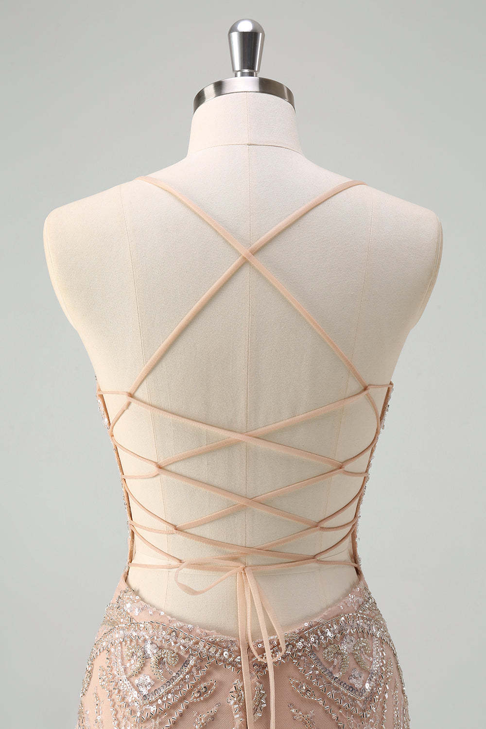 Champagne Spaghetti Straps Mermaid Prom Dress with Sequins