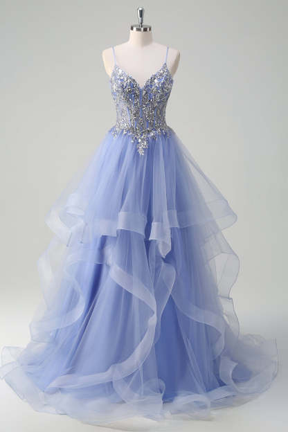 Light Blue Ball Gown Corset Ruffled Prom Dress with Sequins