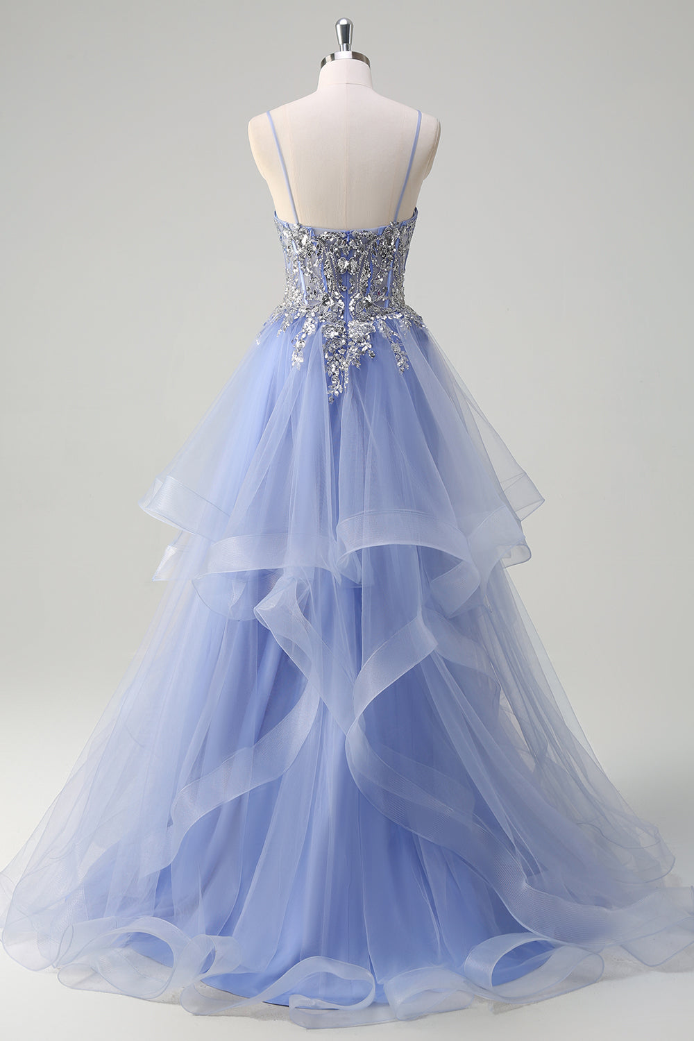 Light Blue Ball Gown Corset Ruffled Prom Dress with Sequins