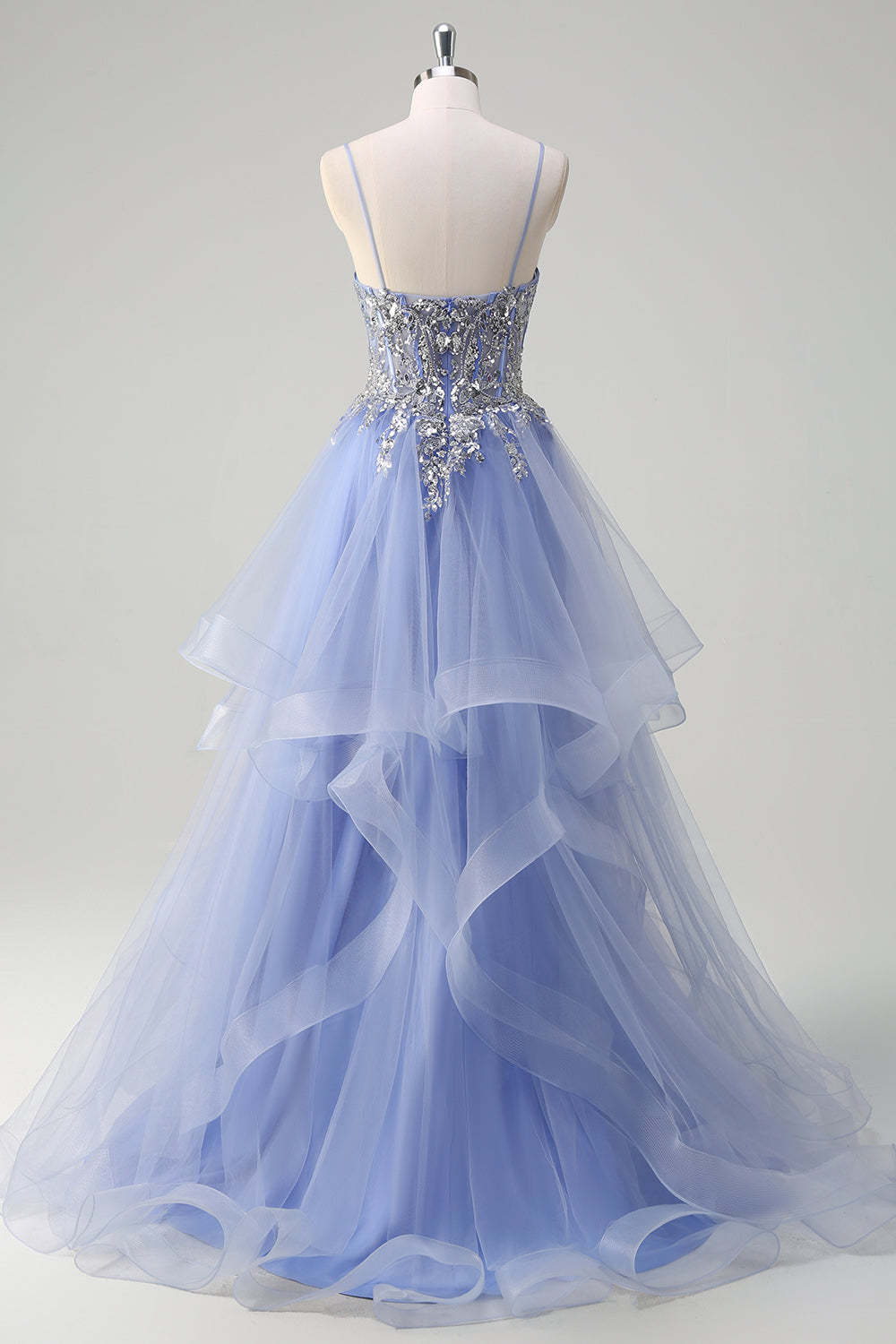 Light Blue Ball Gown Corset Ruffled Prom Dress with Sequins