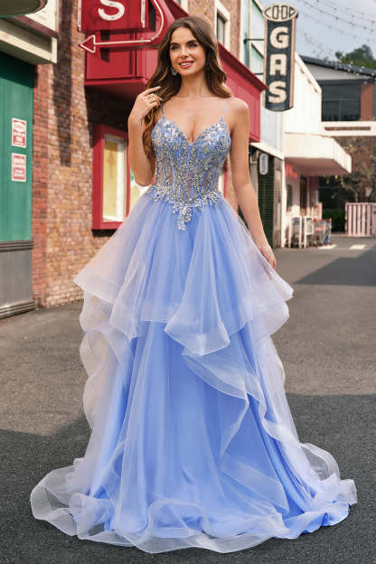 Leely Women Sparkly Sequins Light Blue Prom Dress A Line Spaghetti Straps Tulle Long Formal Dress with with Spiral Ruffles