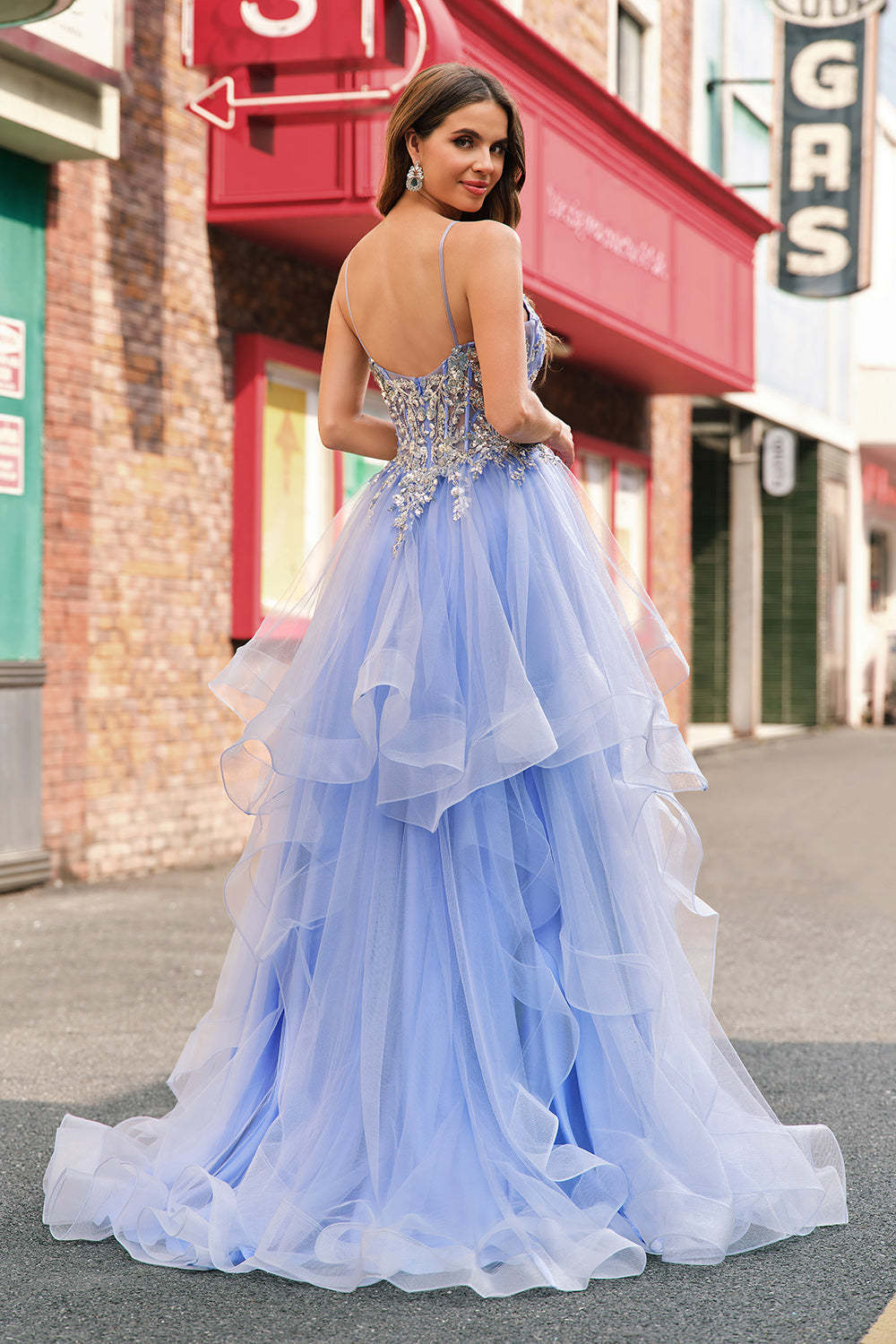 Light Blue Ball Gown Corset Ruffled Prom Dress with Sequins