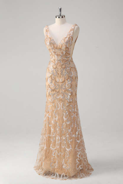 Champagne V-Neck Sequins Beaded Mermaid Prom Dress