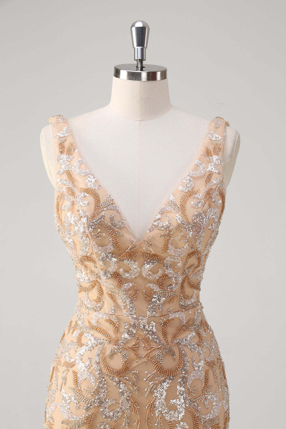Champagne V-Neck Sequins Beaded Mermaid Prom Dress