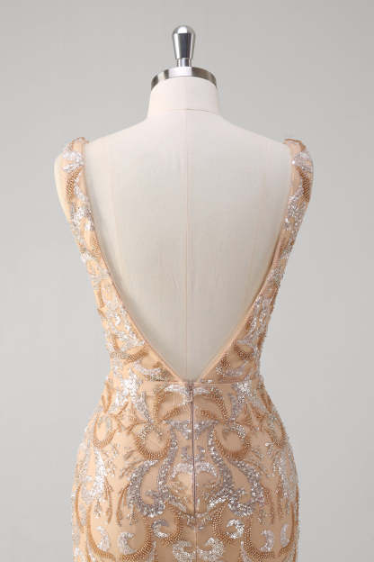 Champagne V-Neck Sequins Beaded Mermaid Prom Dress