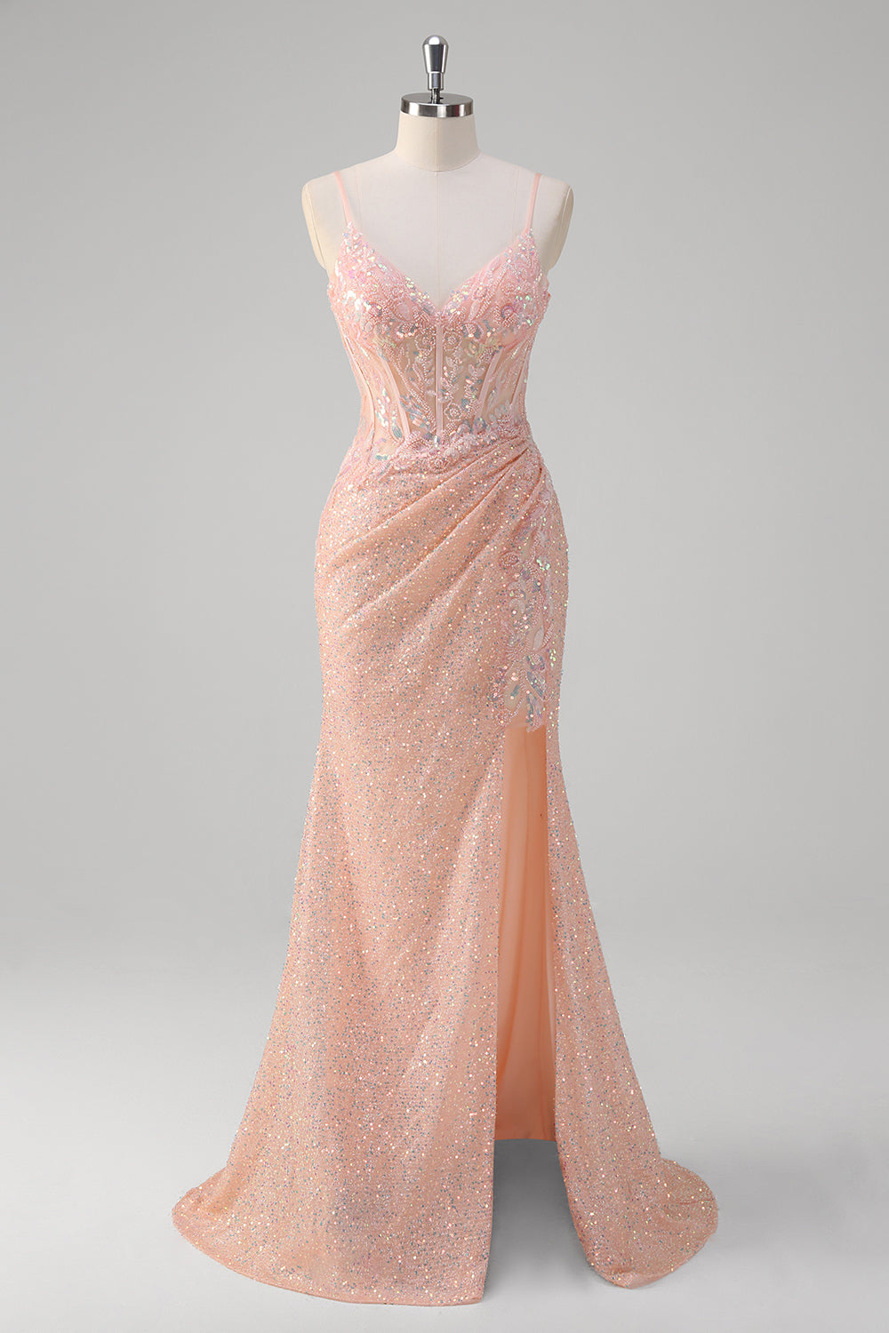 Glitter Blush Corset Beaded Mermaid Prom Dress with Slit