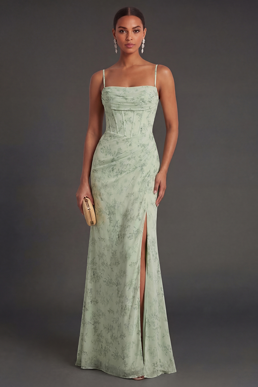 Dusty Sage Floral Mermaid Spaghetti Strap Prom Dress with Slit