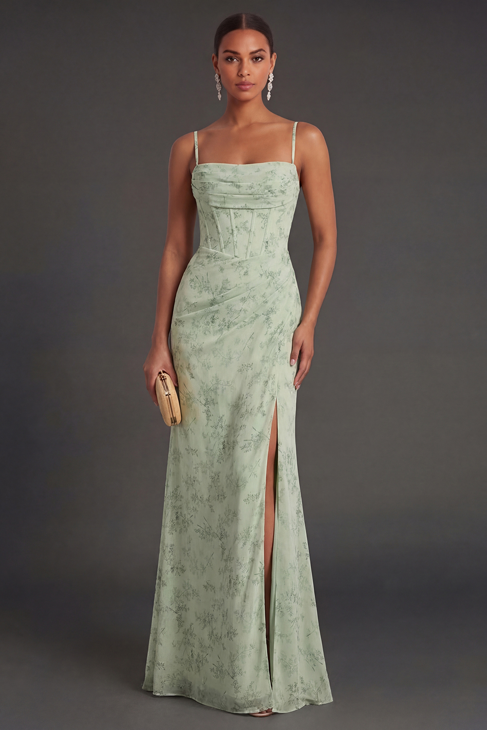 Dusty Sage Floral Mermaid Spaghetti Strap Prom Dress with Slit