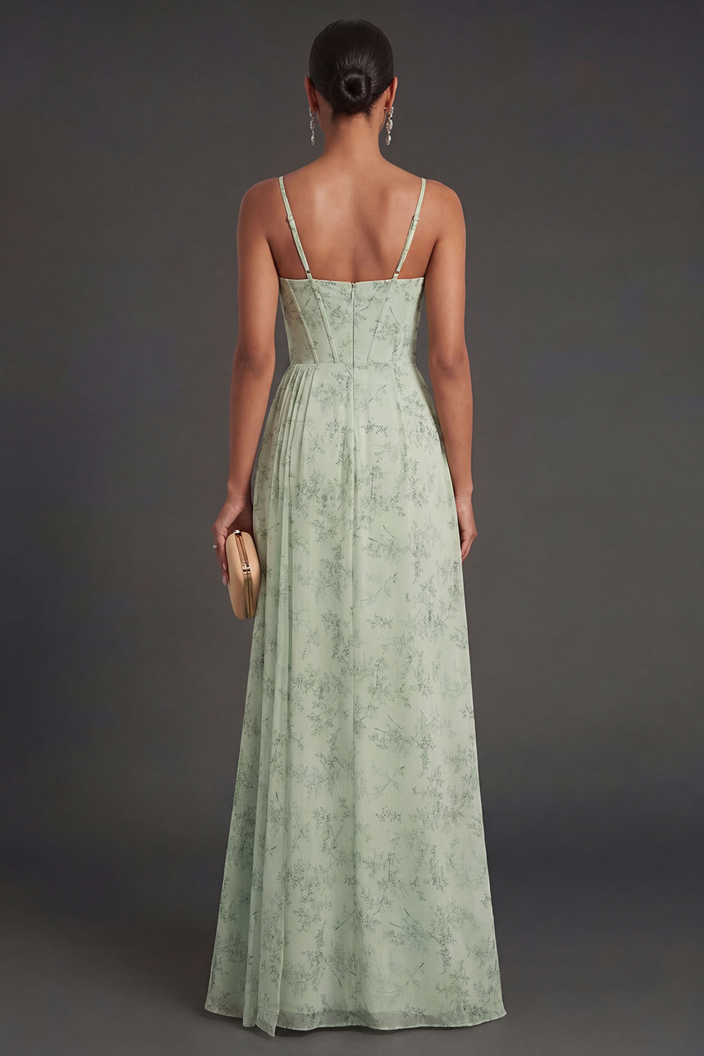 Dusty Sage Floral Mermaid Spaghetti Strap Prom Dress with Slit