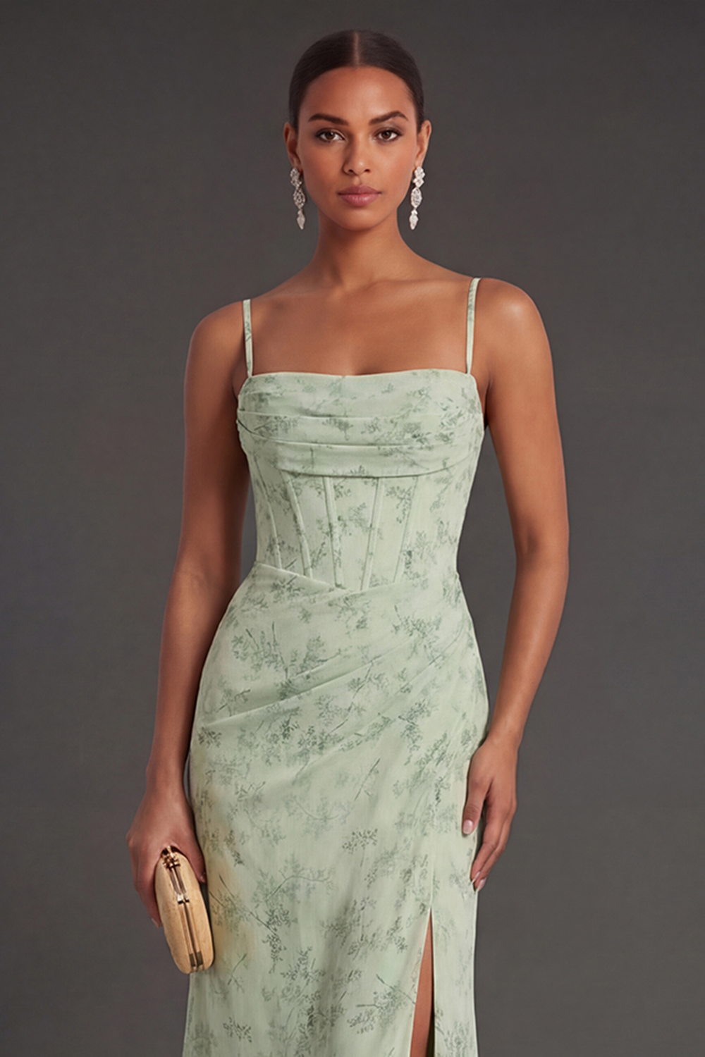 Dusty Sage Floral Mermaid Spaghetti Strap Prom Dress with Slit