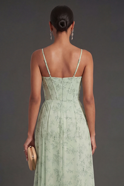 Dusty Sage Floral Mermaid Spaghetti Strap Prom Dress with Slit