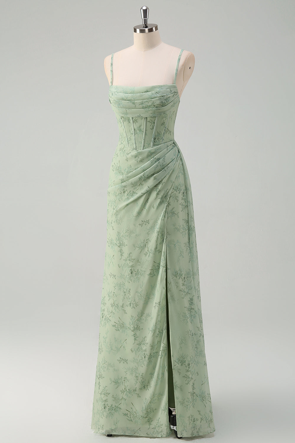 Dust Sage Floral Mermaid Spaghetti Strap Prom Dress with Slit