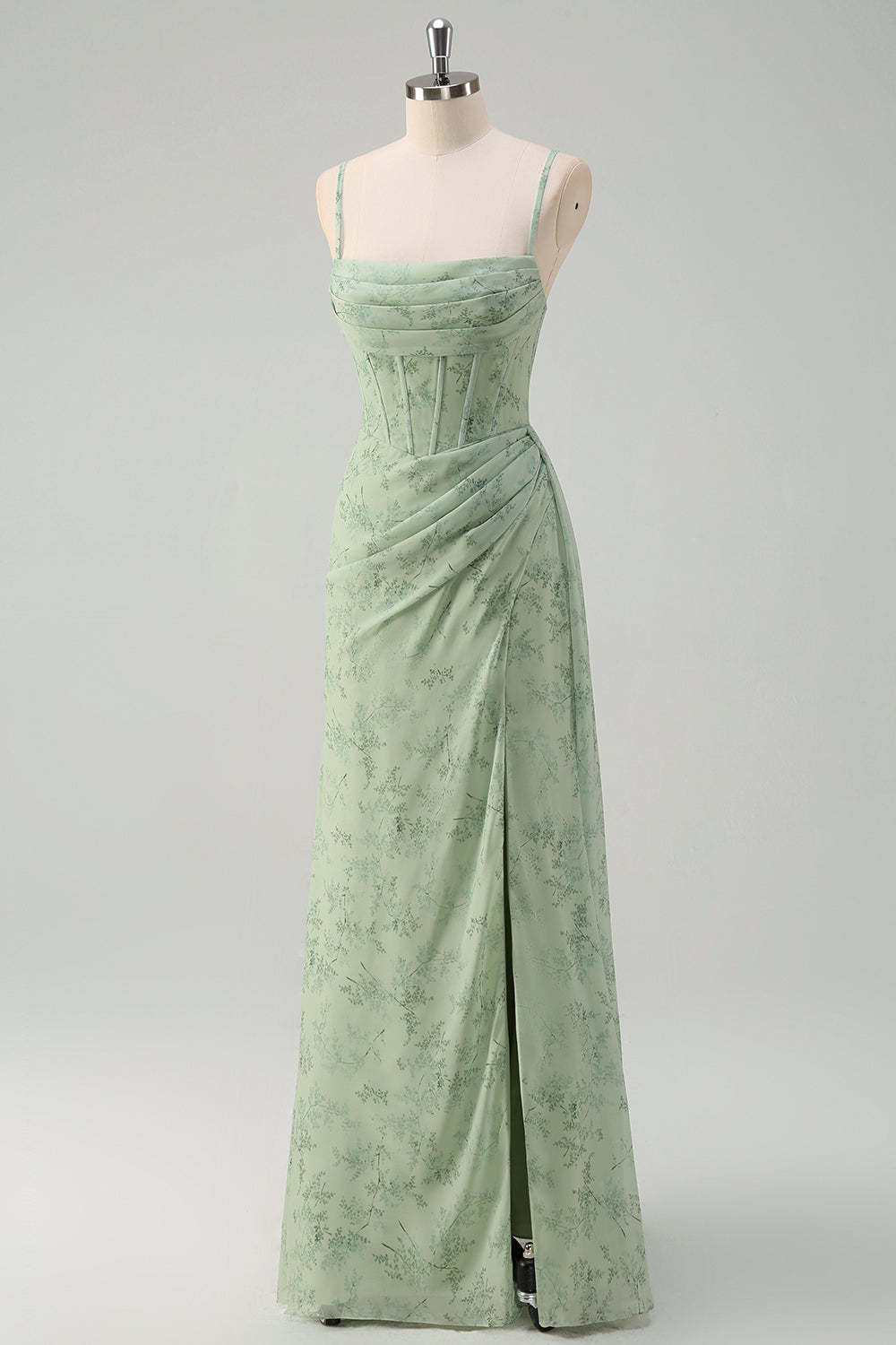 Dust Sage Floral Mermaid Spaghetti Strap Prom Dress with Slit