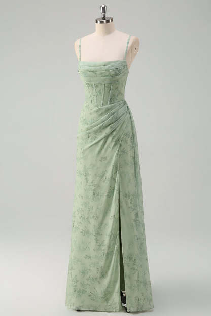 Dust Sage Floral Mermaid Spaghetti Strap Prom Dress with Slit