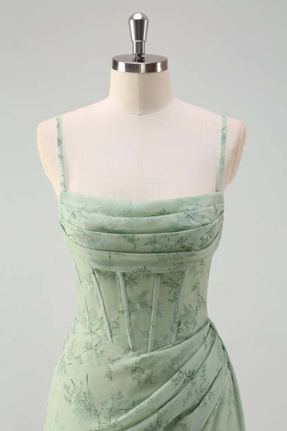 Dust Sage Floral Mermaid Spaghetti Strap Prom Dress with Slit