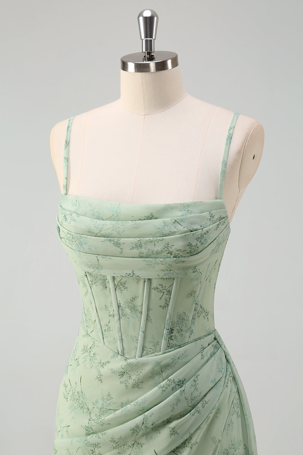 Dust Sage Floral Mermaid Spaghetti Strap Prom Dress with Slit