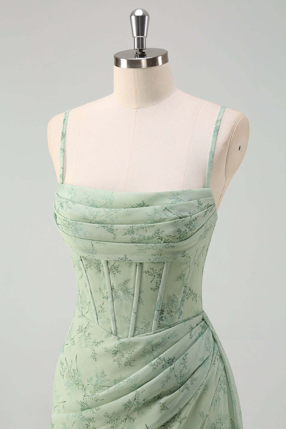 Dust Sage Floral Mermaid Spaghetti Strap Prom Dress with Slit