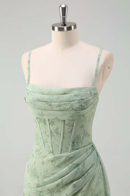 Dust Sage Floral Mermaid Spaghetti Strap Prom Dress with Slit