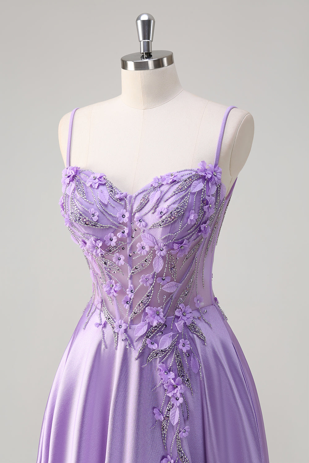 Spaghetti Straps A Line Beading Purple Satin Prom Dress