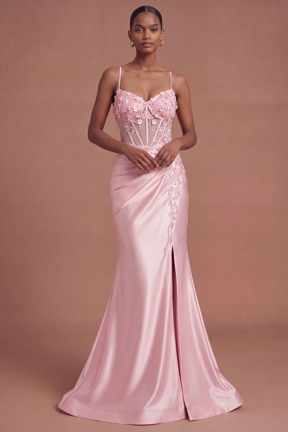 Pink Corset Applique Satin Mermaid Prom Dress with Slit