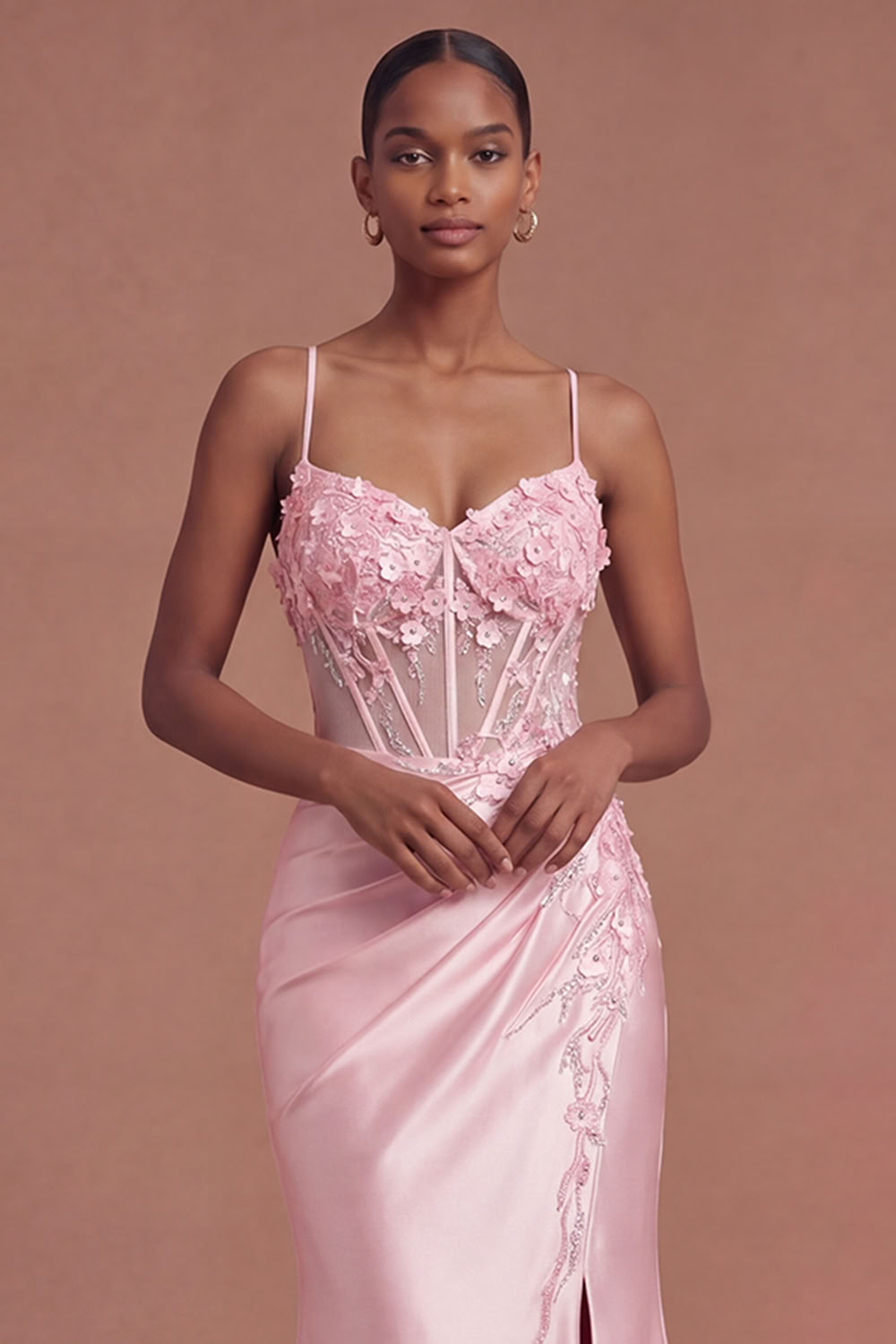 Leely Women Pink Corset Applique Mermaid Prom Dress with Slit