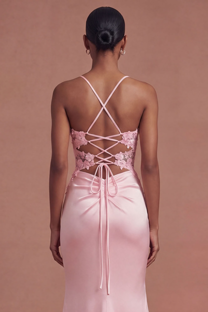Pink Corset Applique Satin Mermaid Prom Dress with Slit