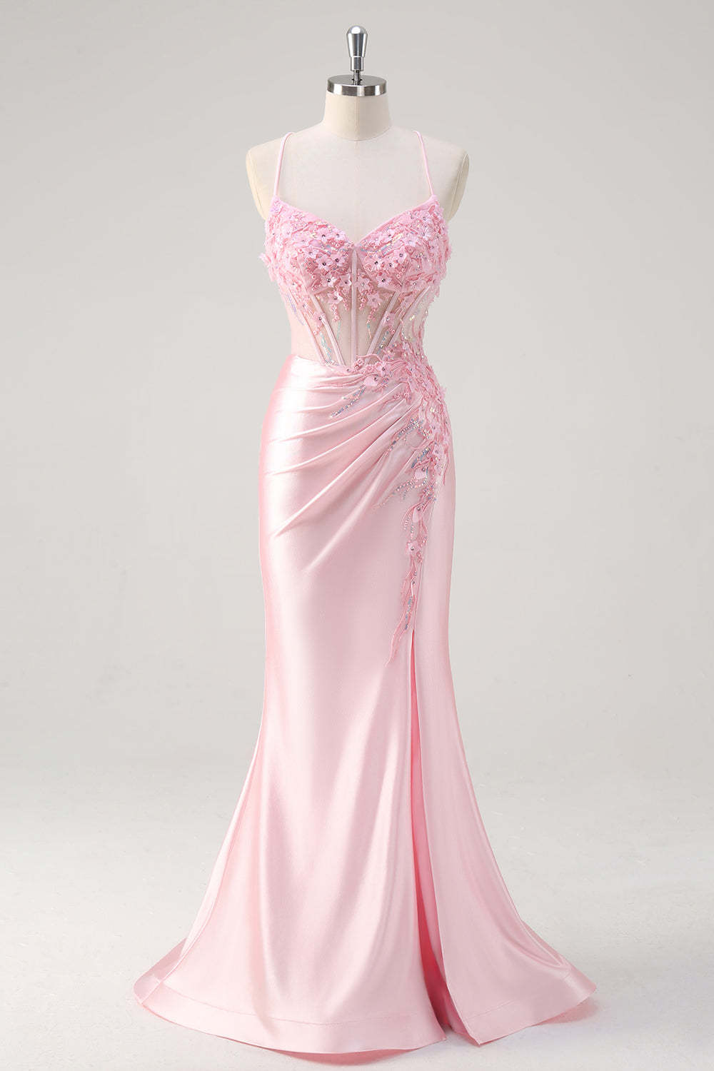 Leely Women Pink Corset Applique Mermaid Prom Dress with Slit Spaghetti Straps Satin Gala Formal Dress with Criss Cross Back