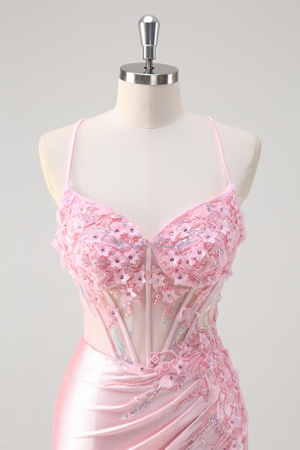 Pink Corset Applique Satin Mermaid Prom Dress with Slit