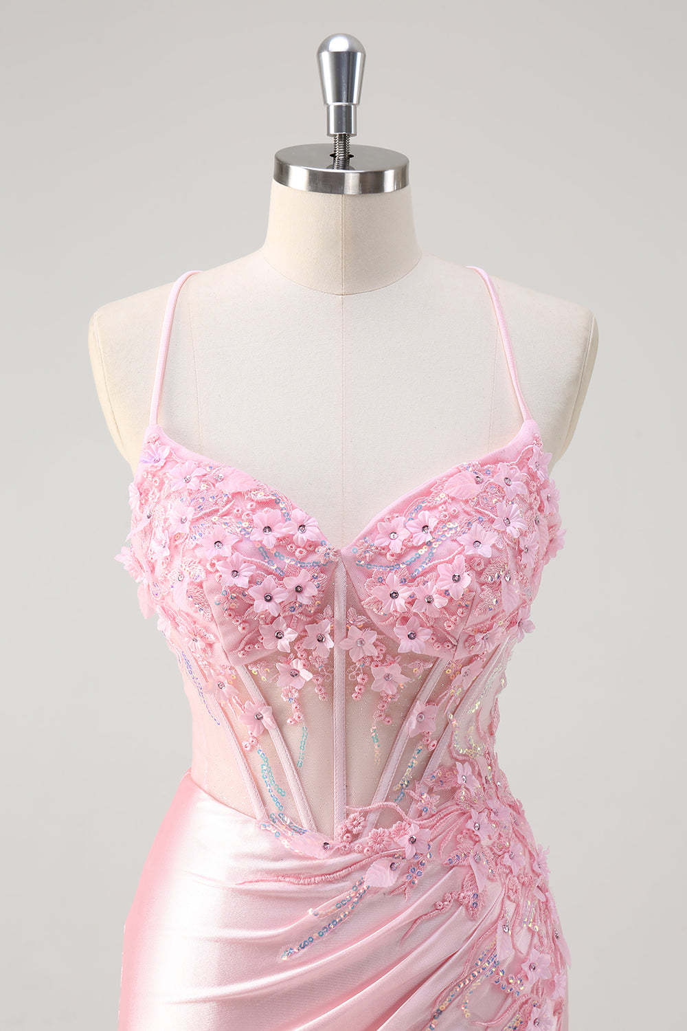 Pink Corset Applique Satin Mermaid Prom Dress with Slit