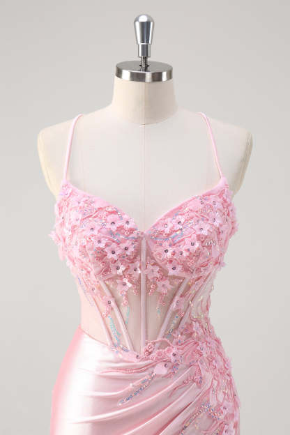 Pink Corset Applique Satin Mermaid Prom Dress with Slit