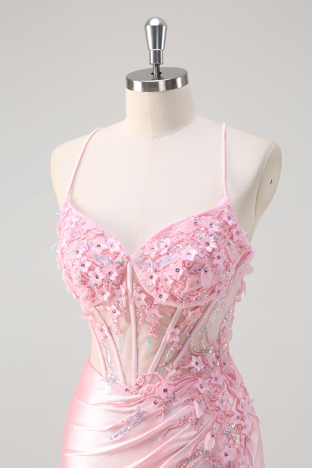 Pink Corset Applique Satin Mermaid Prom Dress with Slit