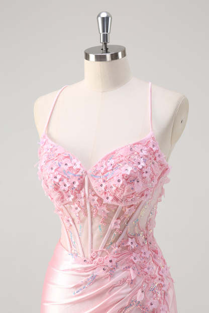 Pink Corset Applique Satin Mermaid Prom Dress with Slit