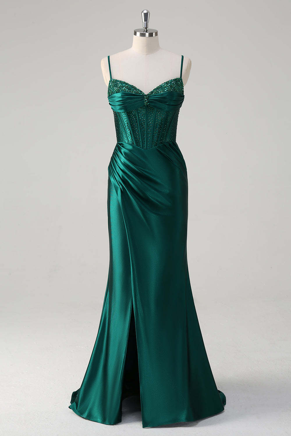 Dark Green Mermaid Ruched Long Corset Prom Dress with Slit