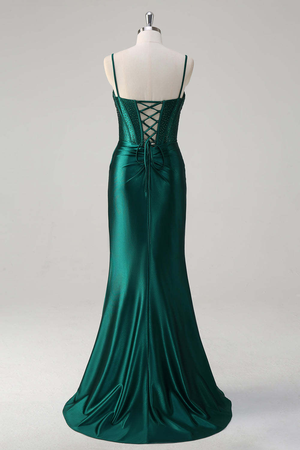 Dark Green Mermaid Ruched Long Corset Prom Dress with Slit