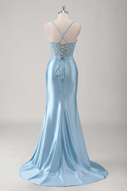 Spaghetti Straps Blue Applique Corset Satin Mermaid Prom Dress with Slit