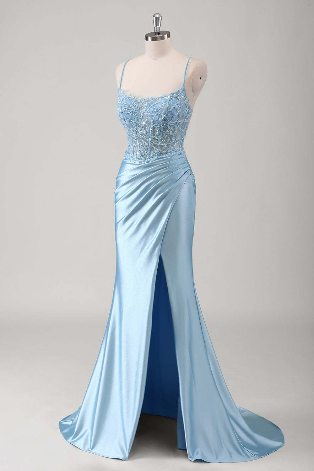 Blue Applique Corset Beaded Satin Mermaid Prom Dress with Slit