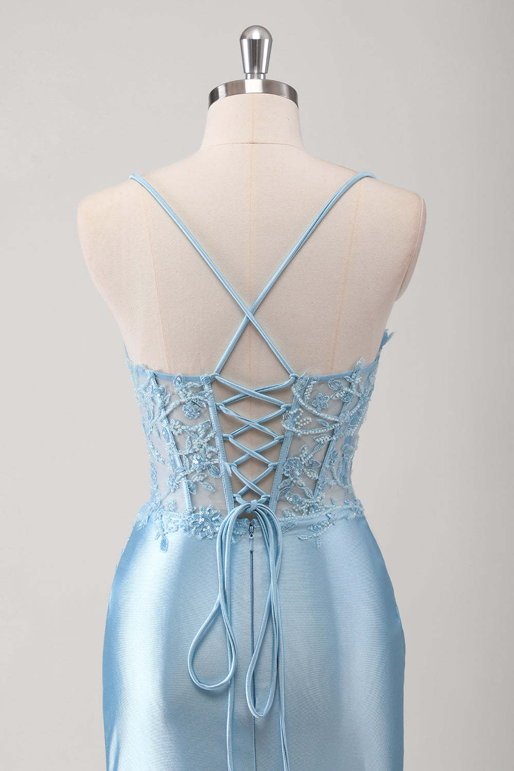 Blue Applique Corset Beaded Satin Mermaid Prom Dress with Slit