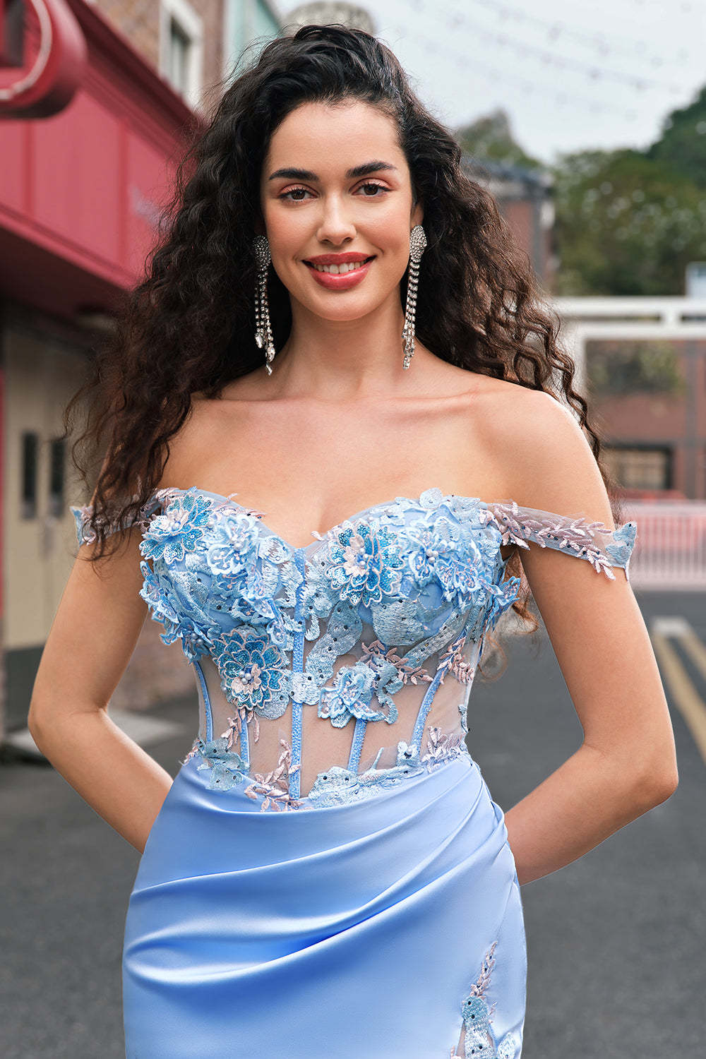 Sky Blue Mermaid Corset Applique Satin Prom Dress with Slit
