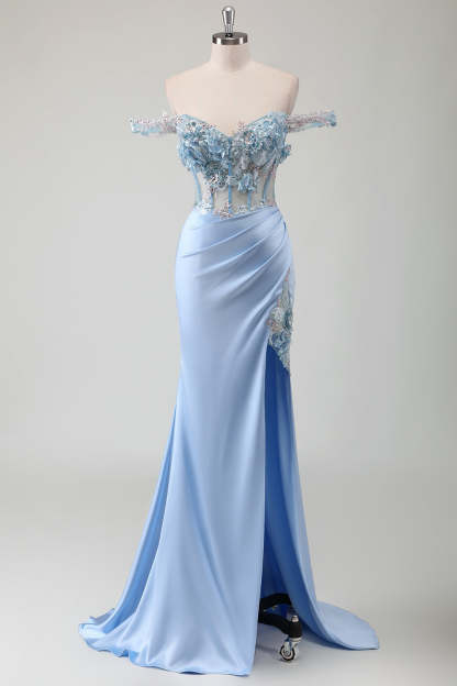 Sky Blue Mermaid Corset Applique Satin Prom Dress with Slit